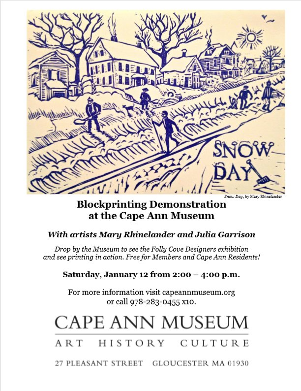 mary rhinelander and julia garrison blockprinting demo at cape ann museum for virginia lee burton her story and folly cove designers exhibition jan 2019