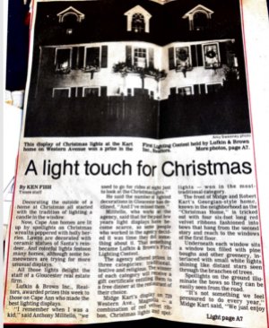 Gloucester Daily Times article A Light Touch for Christmas by Ken Fish ca.1985 page 1 - courtesy Pauline Bresnahan
